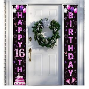 Happy 16th Birthday Vertical Banner Set Pink-Purple Letters on Black Door Banner